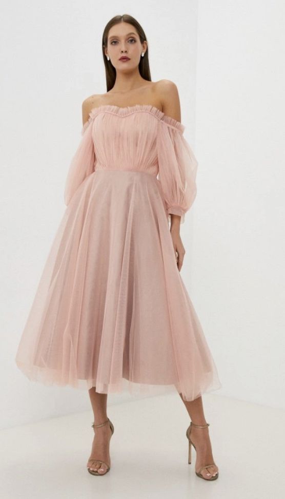 Rochie din tulle roz off-shoulder midi