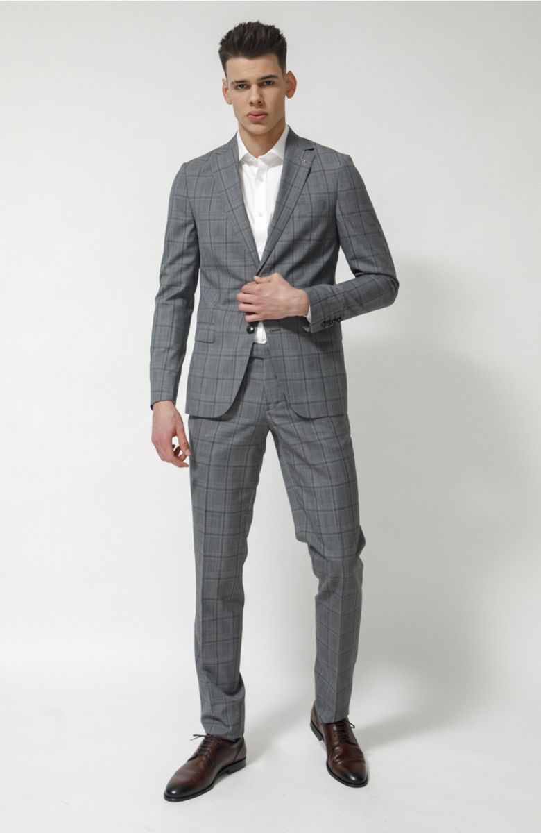 Costum masculin gri în carouri slim fit
